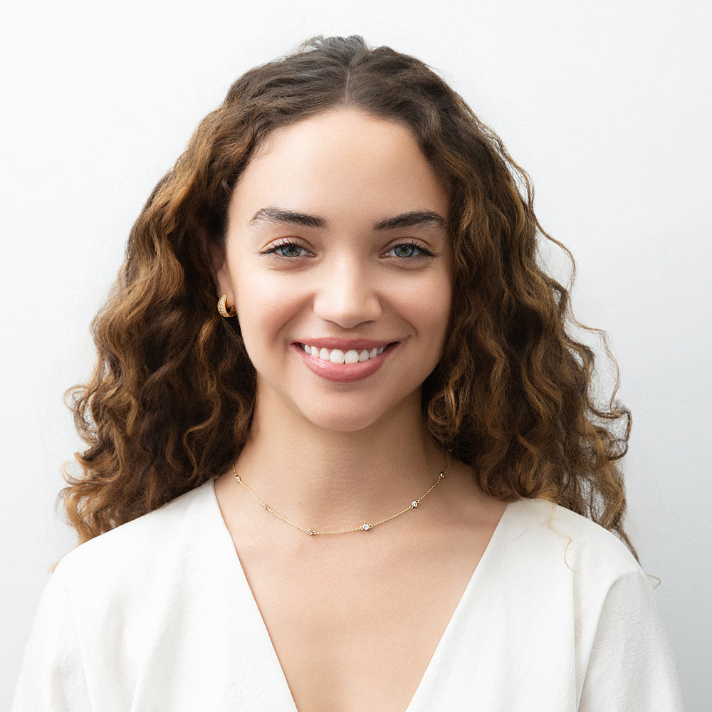Model wearing Station CZ Station Necklace in Sterling Silver, Yellow Gold Flashed / 16 inch + 2 inch extension