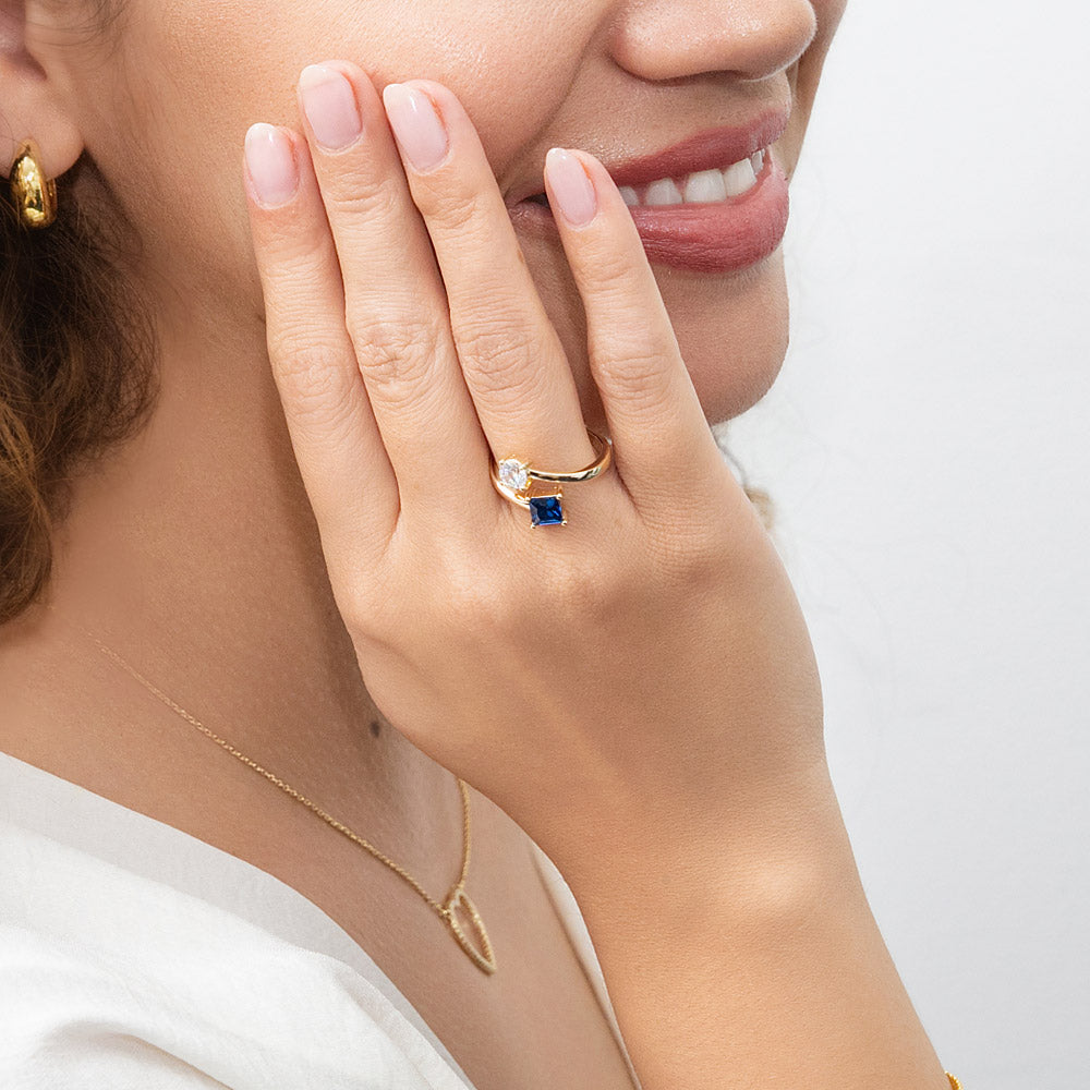 Bypass Blue CZ Ring in Gold Flashed Sterling Silver