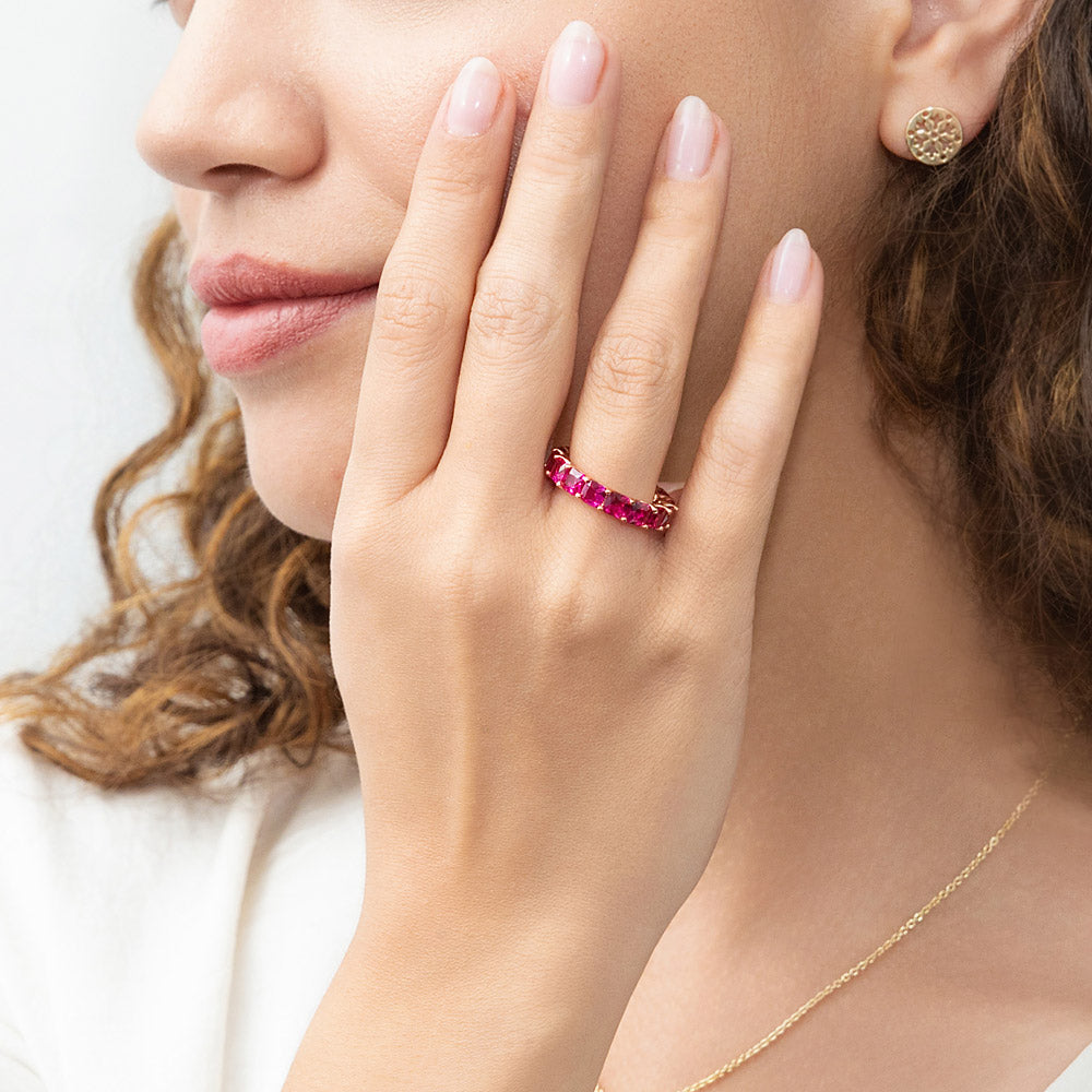 Red Pave CZ Eternity Ring in Rose Gold Flashed Sterling Silver