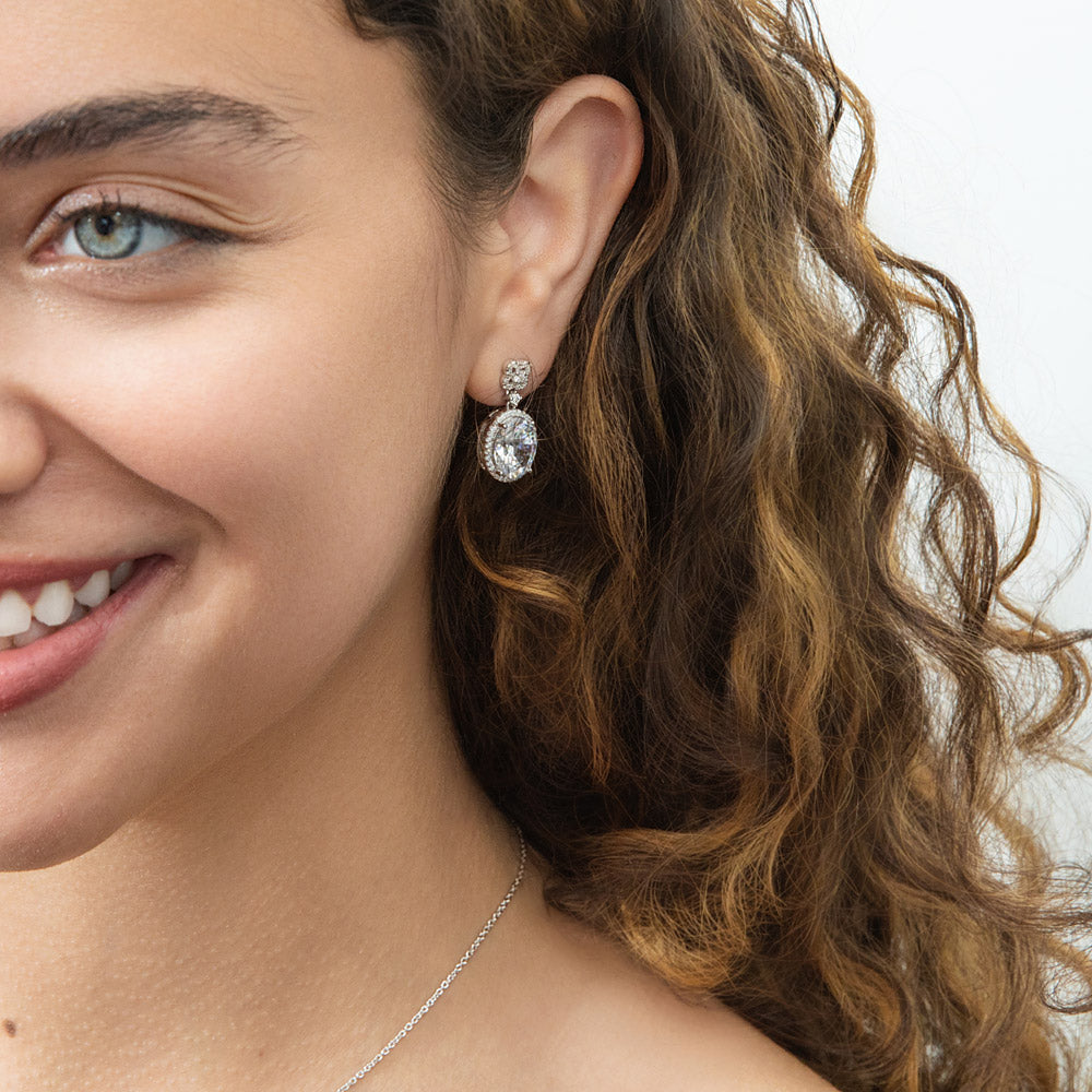 Model wearing Halo Clover Oval CZ Set in Sterling Silver, Clear Color