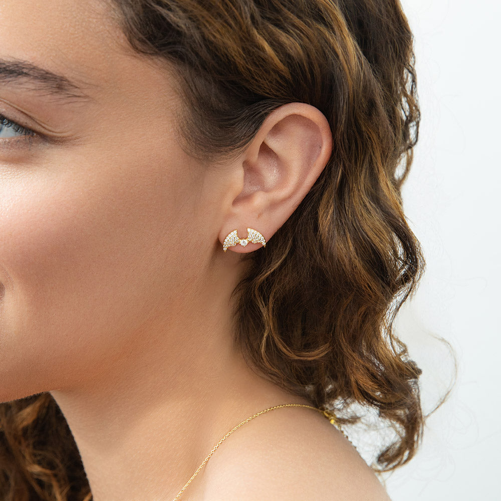 Bat CZ Stud Earrings in Gold Flashed Sterling Silver