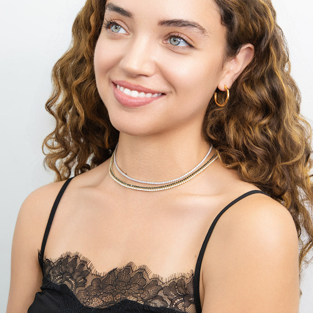 Model Wearing Half Hoop Earrings, Tennis Choker Necklace