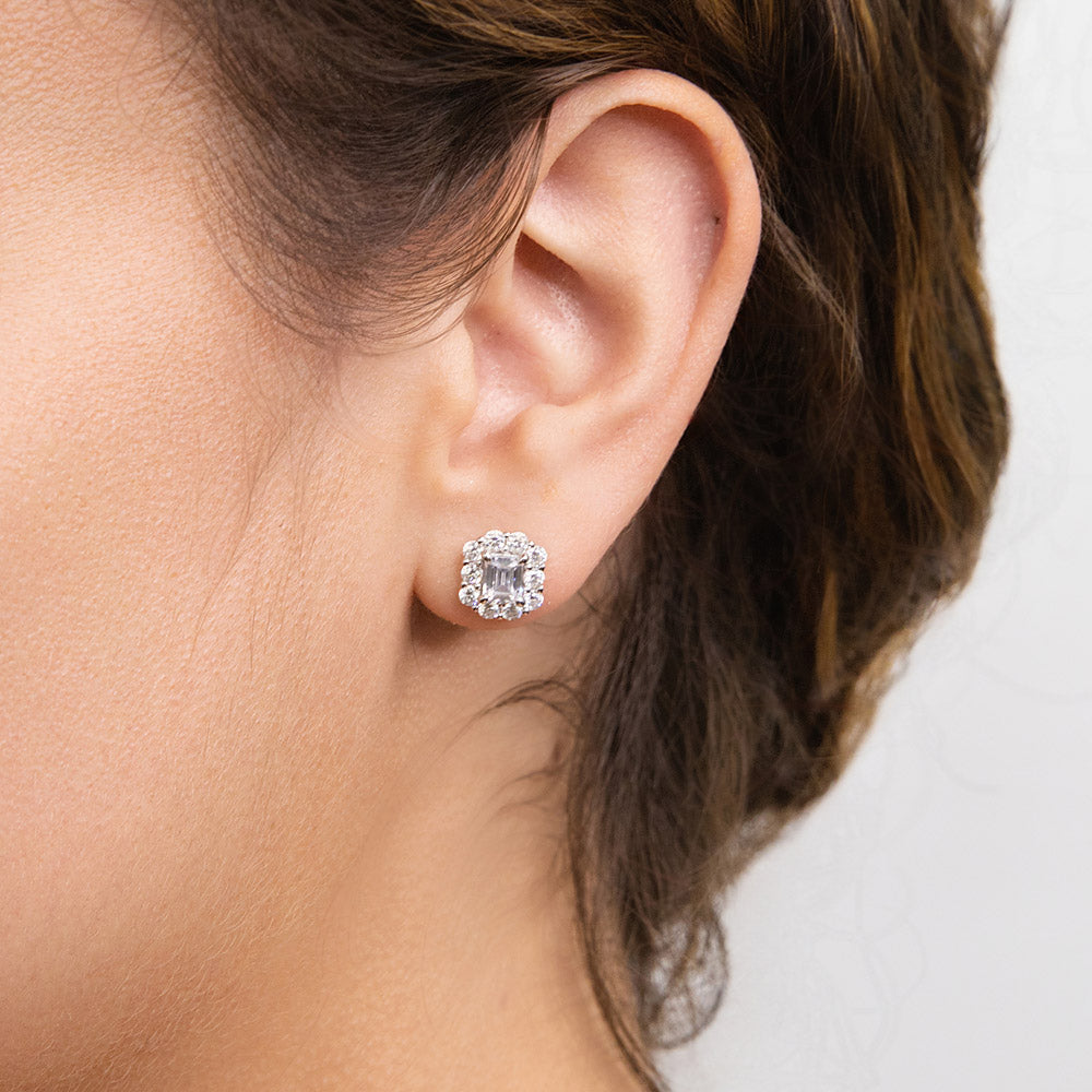 Halo Emerald Cut CZ Stud Earrings in Sterling Silver