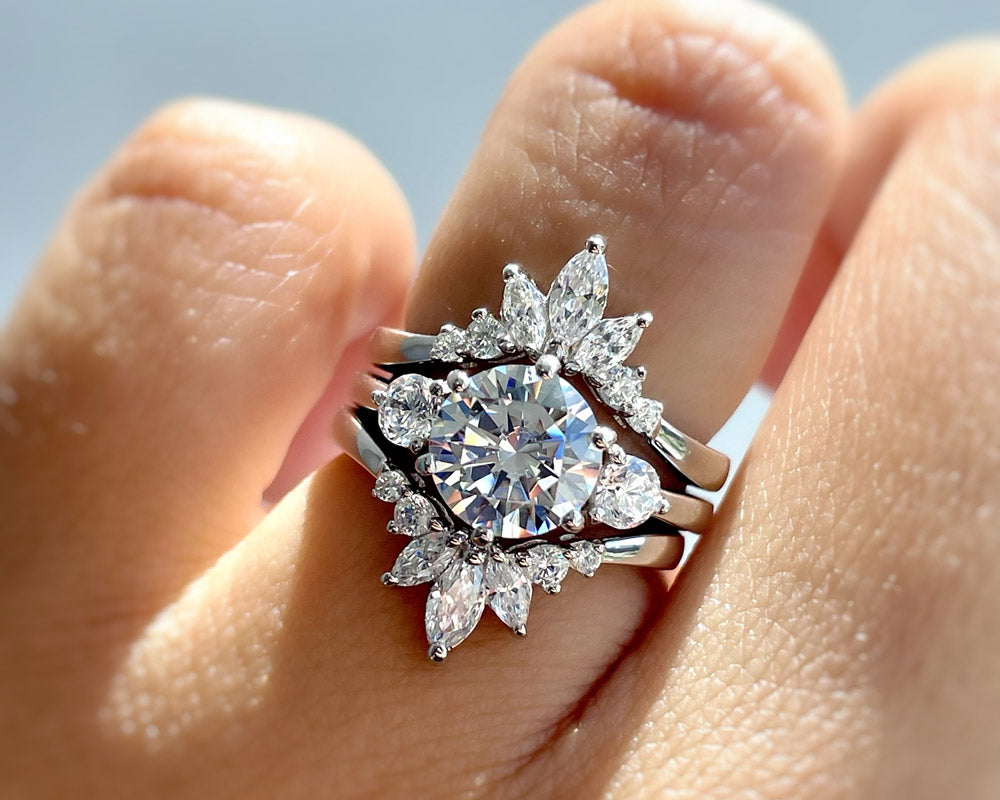 Sterling Silver Round CZ 3-Stone 7-Stone Flower Ring Set 3.2 CTW