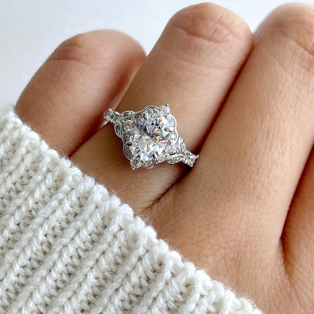 Halo Art Deco Oval CZ Ring in Sterling Silver