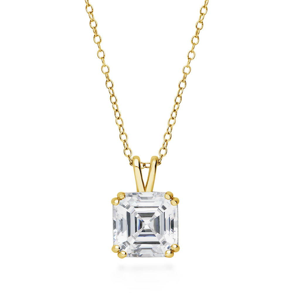Solitaire 3ct Asscher CZ Necklace in Sterling Silver, Yellow Gold Flashed