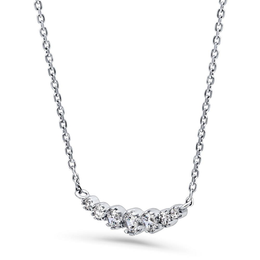 Front view of Graduated Bubble Bar CZ Necklace in Sterling Silver, Rhodium Plated