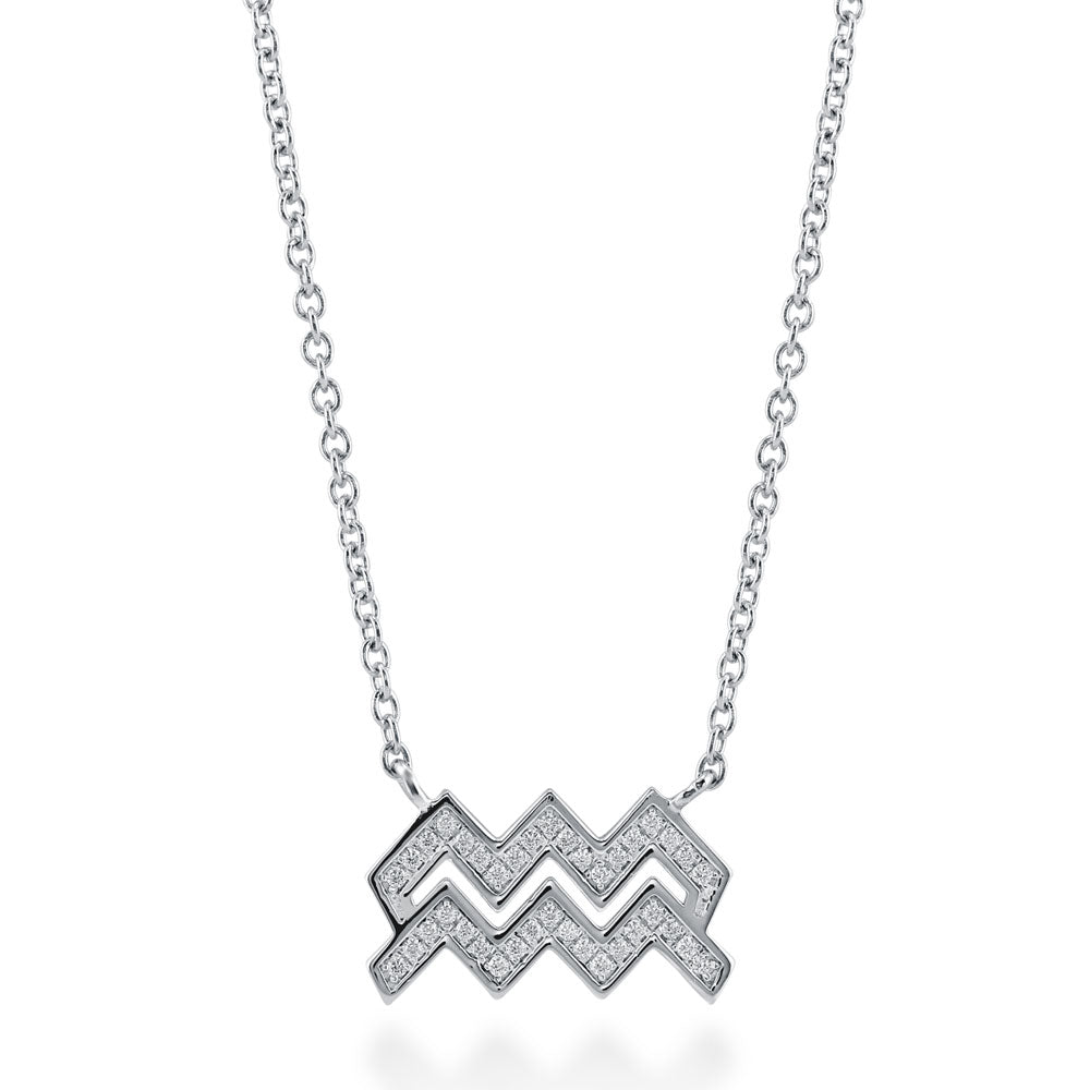 Zodiac CZ Pendant Necklace in Sterling Silver, Aquarius