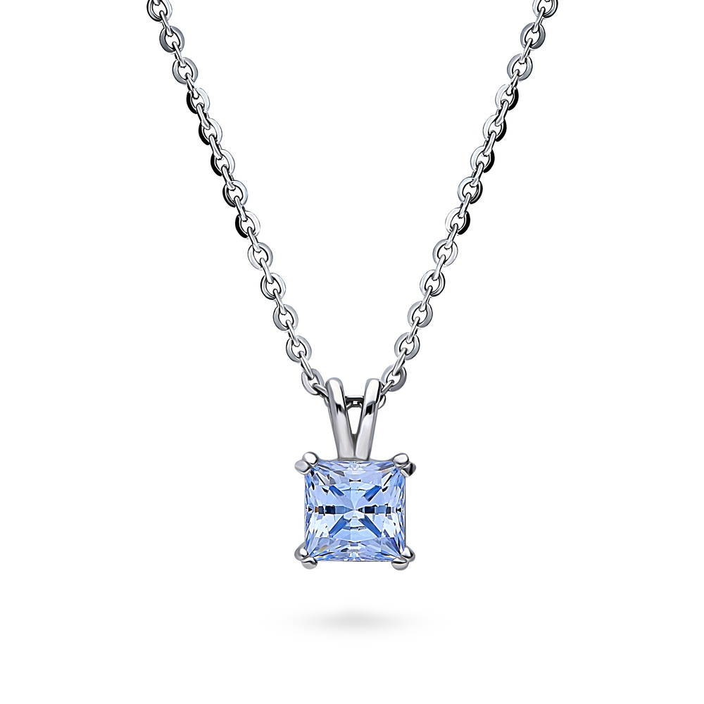 Solitaire CZ Necklace in Sterling Silver, Princess Cut / Greyish Blue