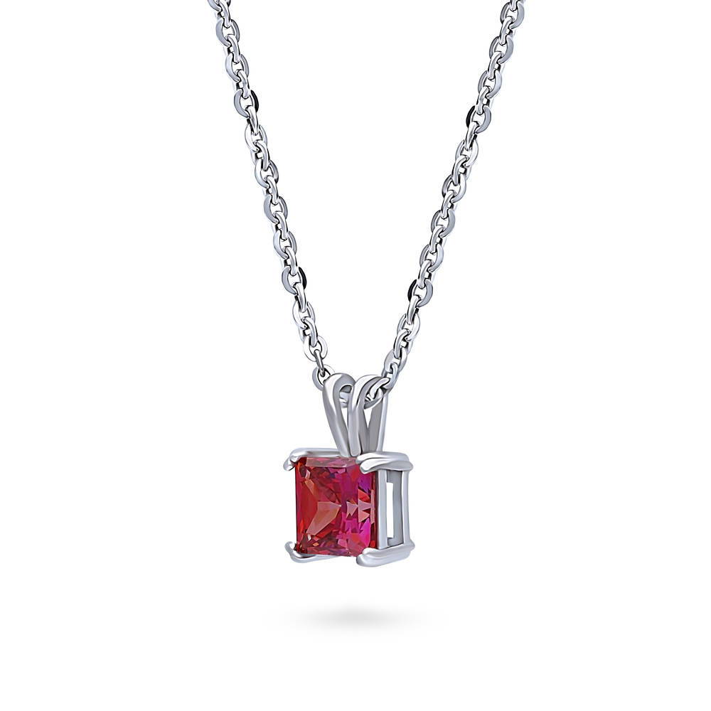 Front view of Solitaire CZ Necklace in Sterling Silver, Princess Cut / Red