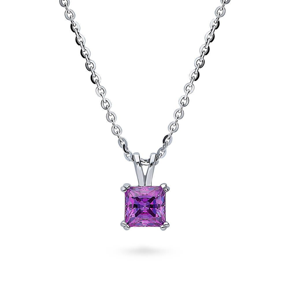 Solitaire CZ Necklace in Sterling Silver, Princess Cut / Purple
