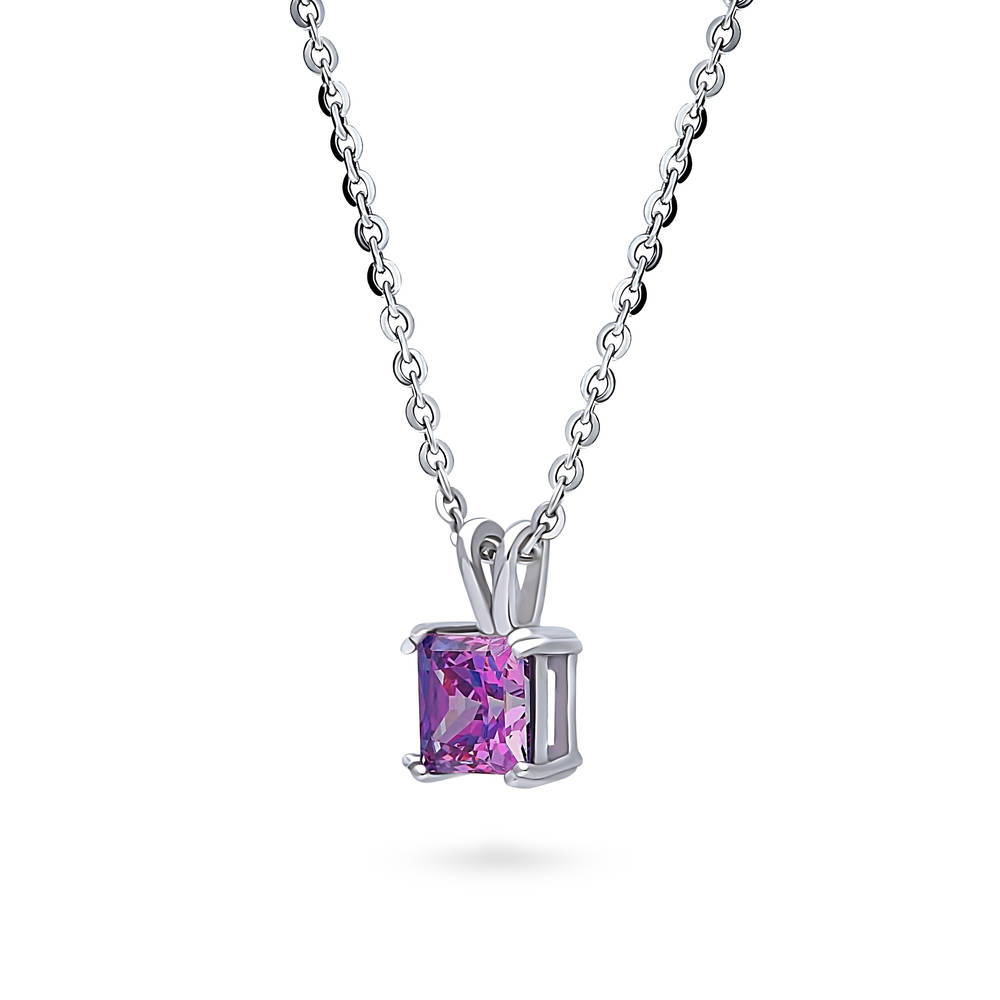 Front view of Solitaire CZ Necklace in Sterling Silver, Princess Cut / Purple