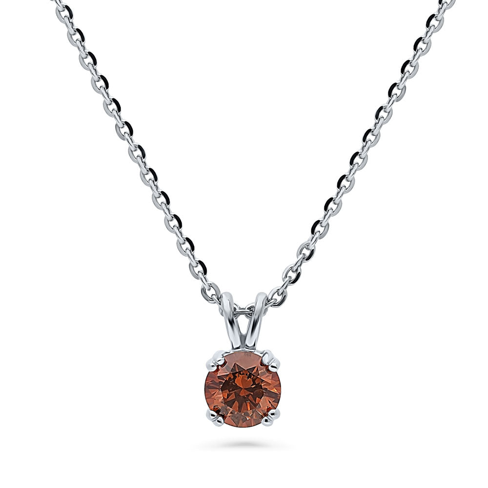 Solitaire CZ Necklace in Sterling Silver, Round Cut / Caramel