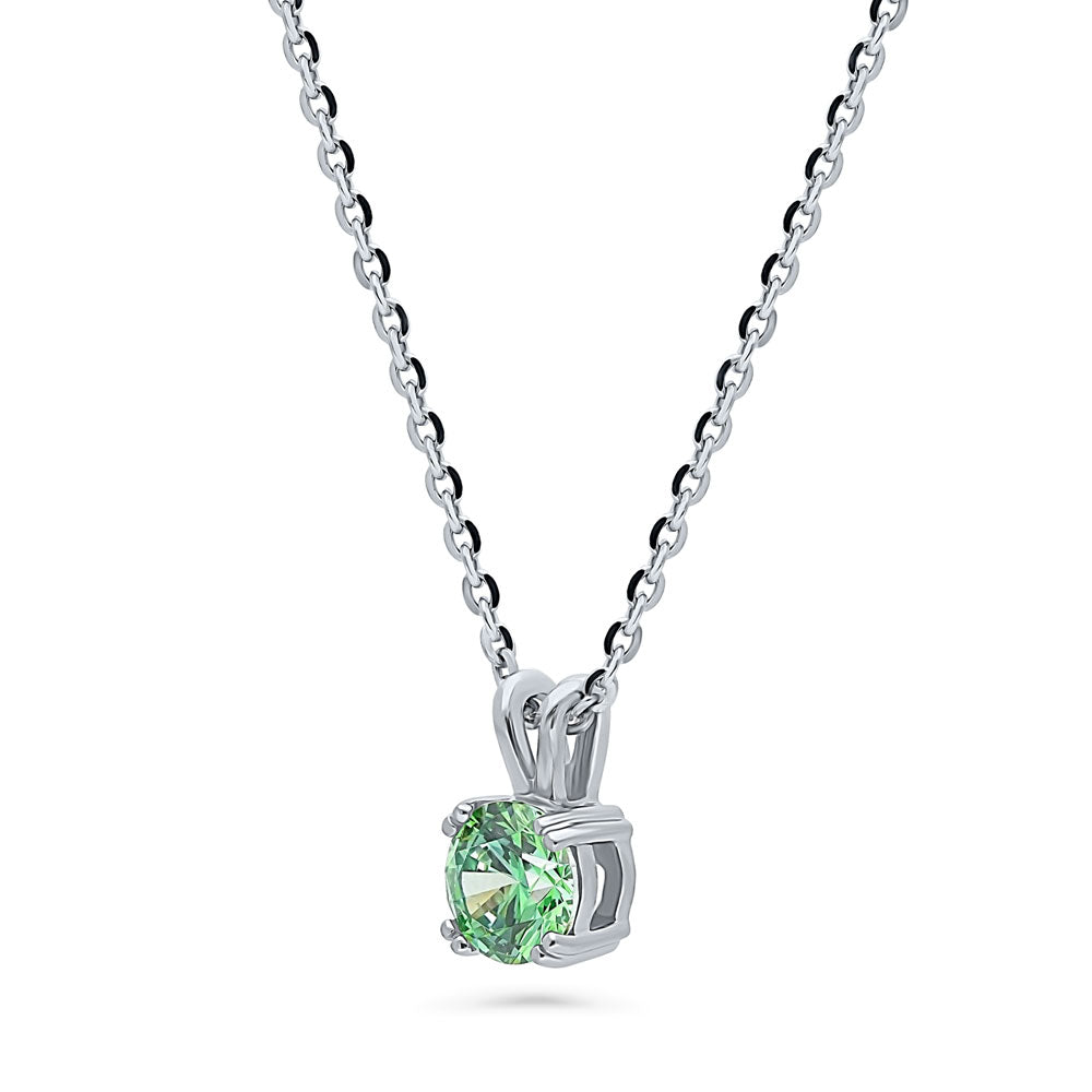 Front view of Solitaire CZ Necklace in Sterling Silver, Round Cut / Green
