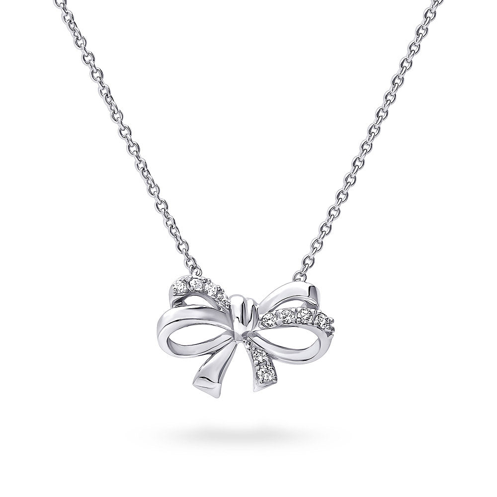 Bow Tie Ribbon CZ Necklace in Sterling Silver, Style 2