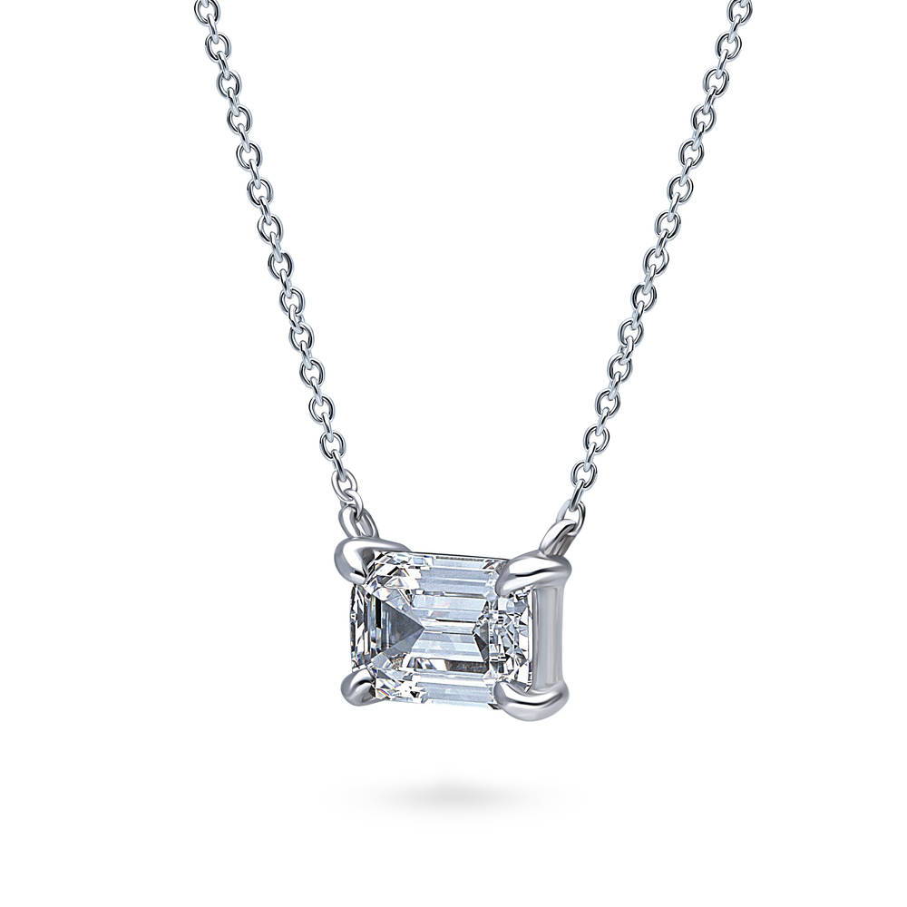 Front view of Solitaire East-West Emerald Cut CZ Necklace in Sterling Silver, Rhodium Plated