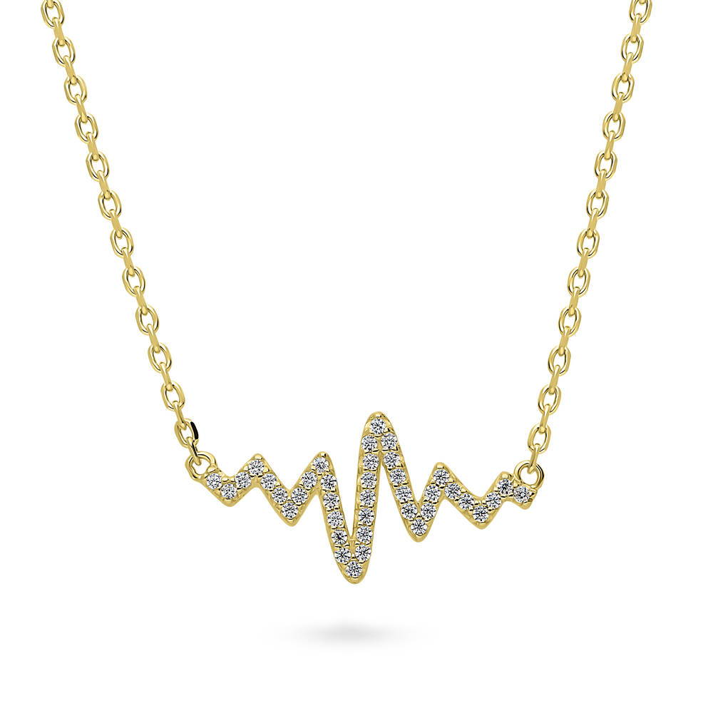 Heartbeat CZ Necklace in Sterling Silver, Yellow Gold Flashed