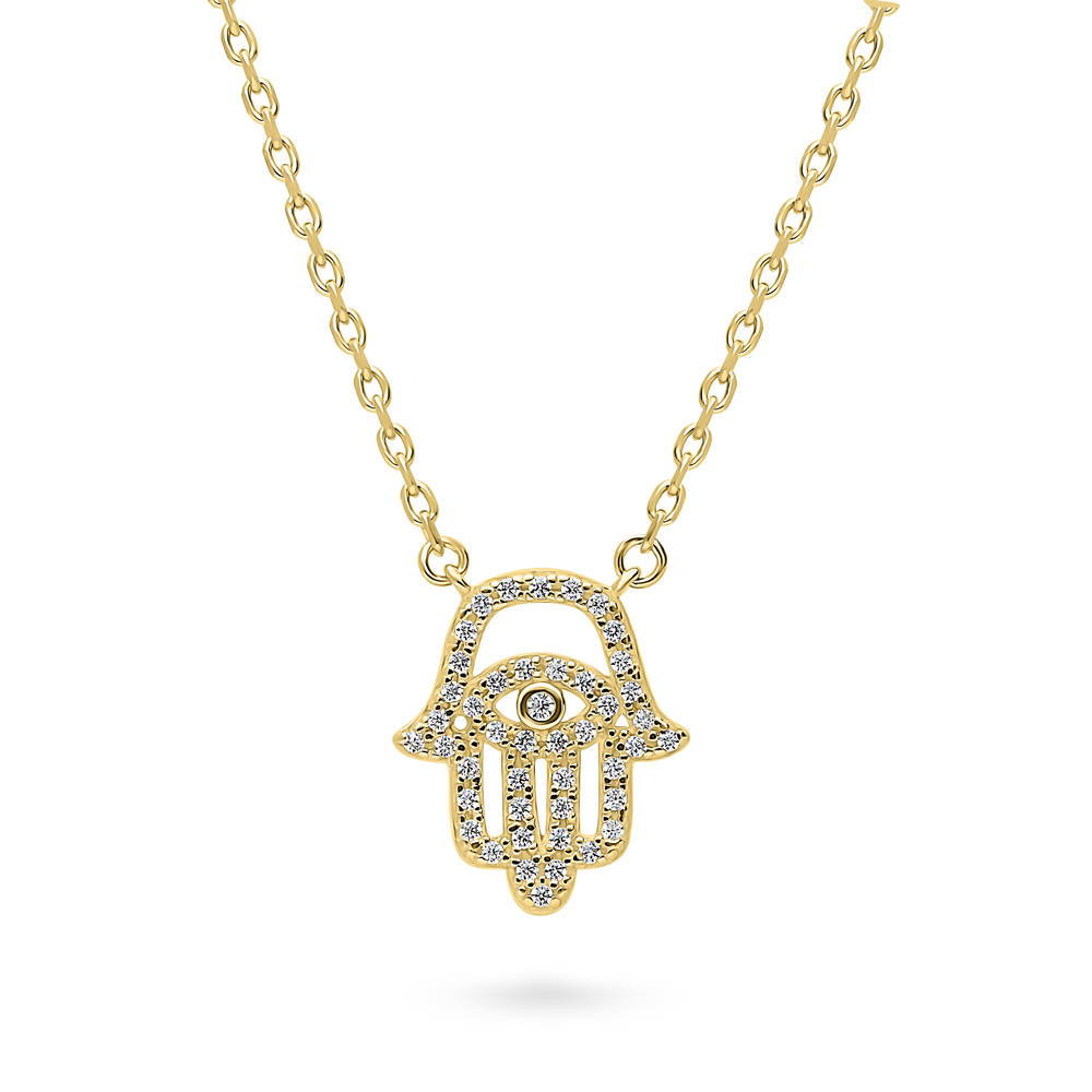 Hamsa Hand Evil Eye CZ Necklace in Sterling Silver, Yellow Gold Flashed