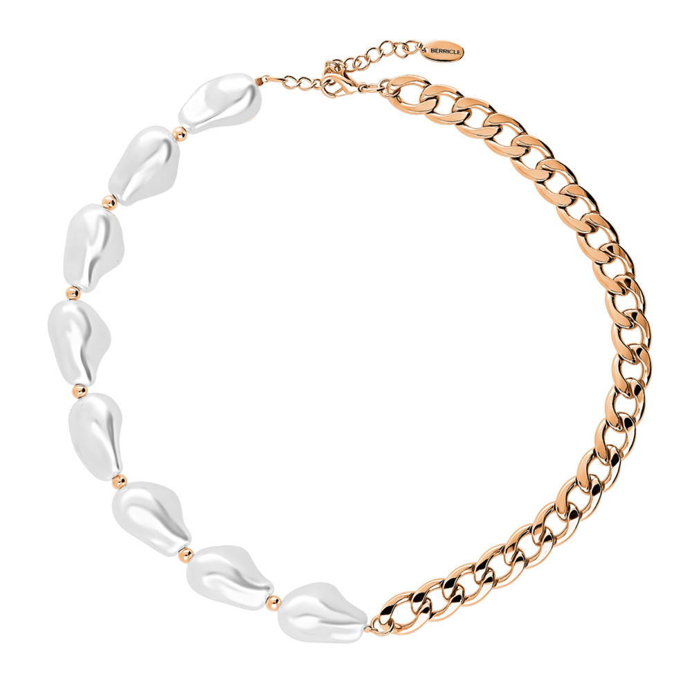 Imitation Pearl Curb Chain Necklace, Rose Gold Flashed