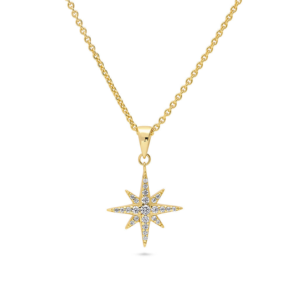 North Star CZ Necklace in Sterling Silver, Yellow Gold Flashed