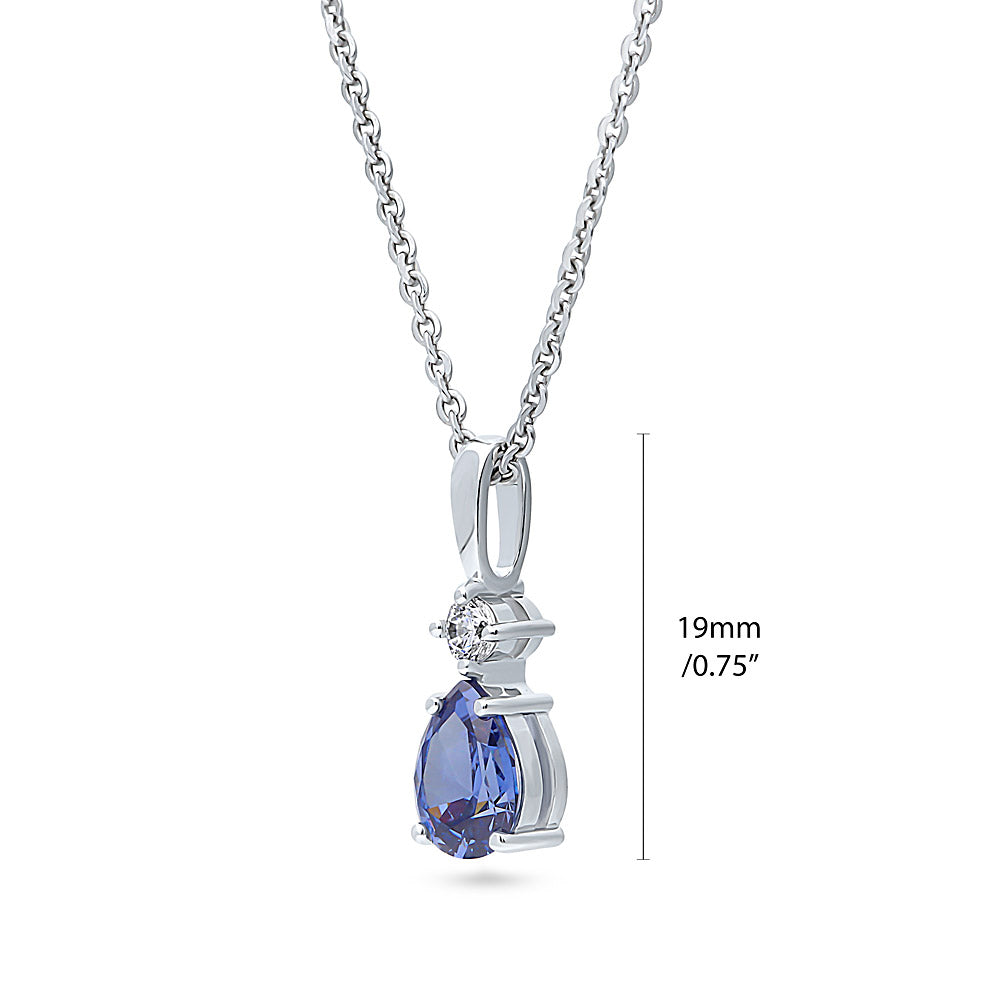 Front view of Solitaire 2-Stone 1ct Pear CZ Set in Sterling Silver, Tanzanite Color