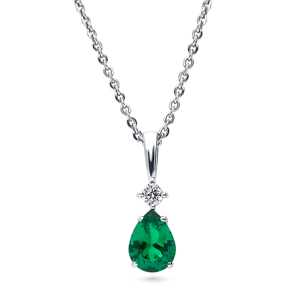 Solitaire 2-Stone 1ct Pear CZ Set in Sterling Silver, Green Color
