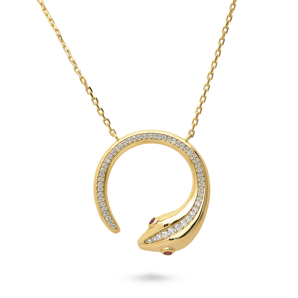 Snake CZ Pendant Necklace in Sterling Silver, Yellow Gold Flashed