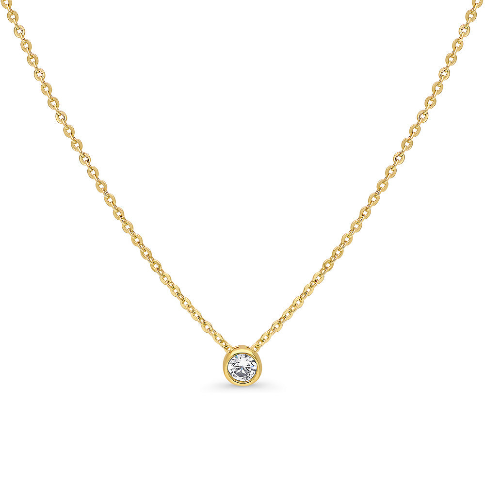 Solitaire Bezel CZ Necklace in Sterling Silver, Gold Flashed