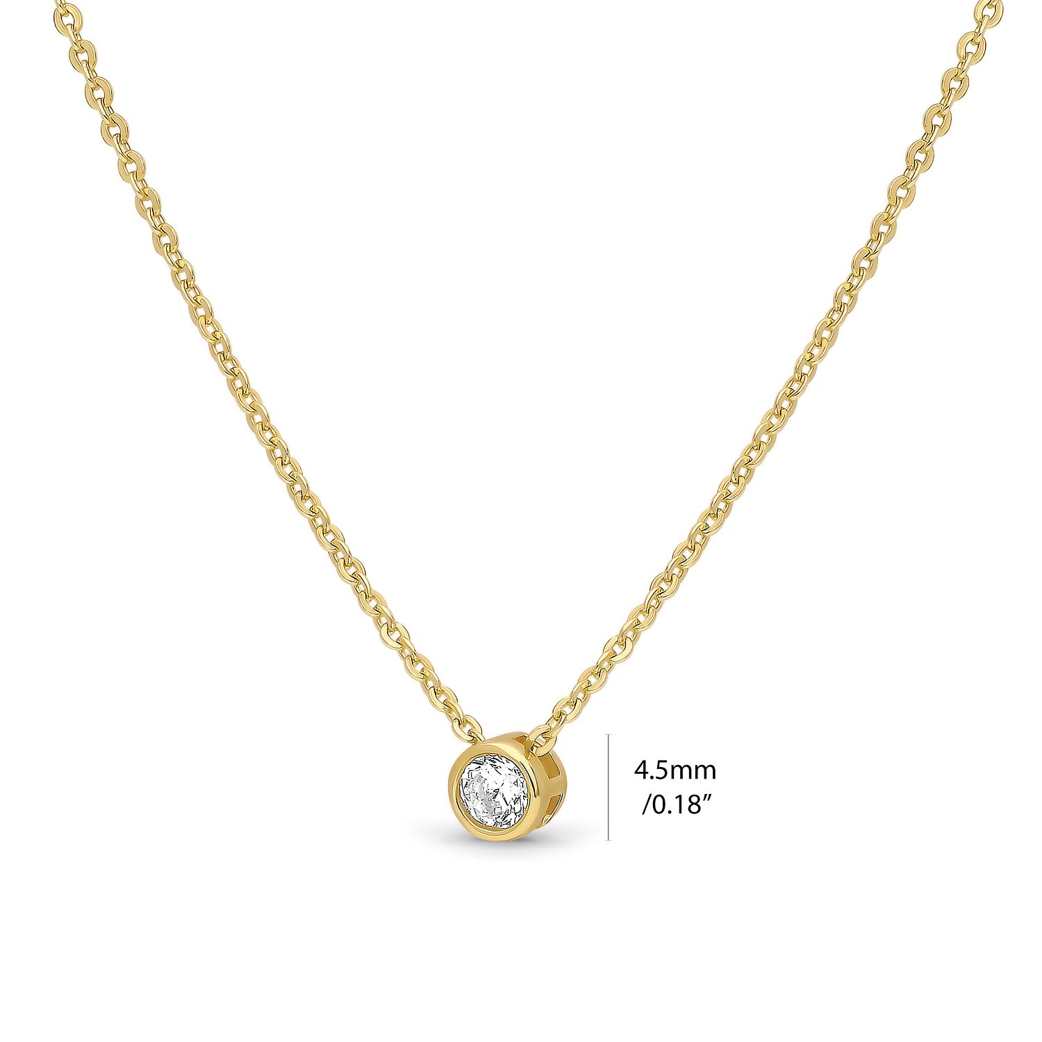 Front view of Solitaire Bezel CZ Necklace in Sterling Silver, Gold Flashed