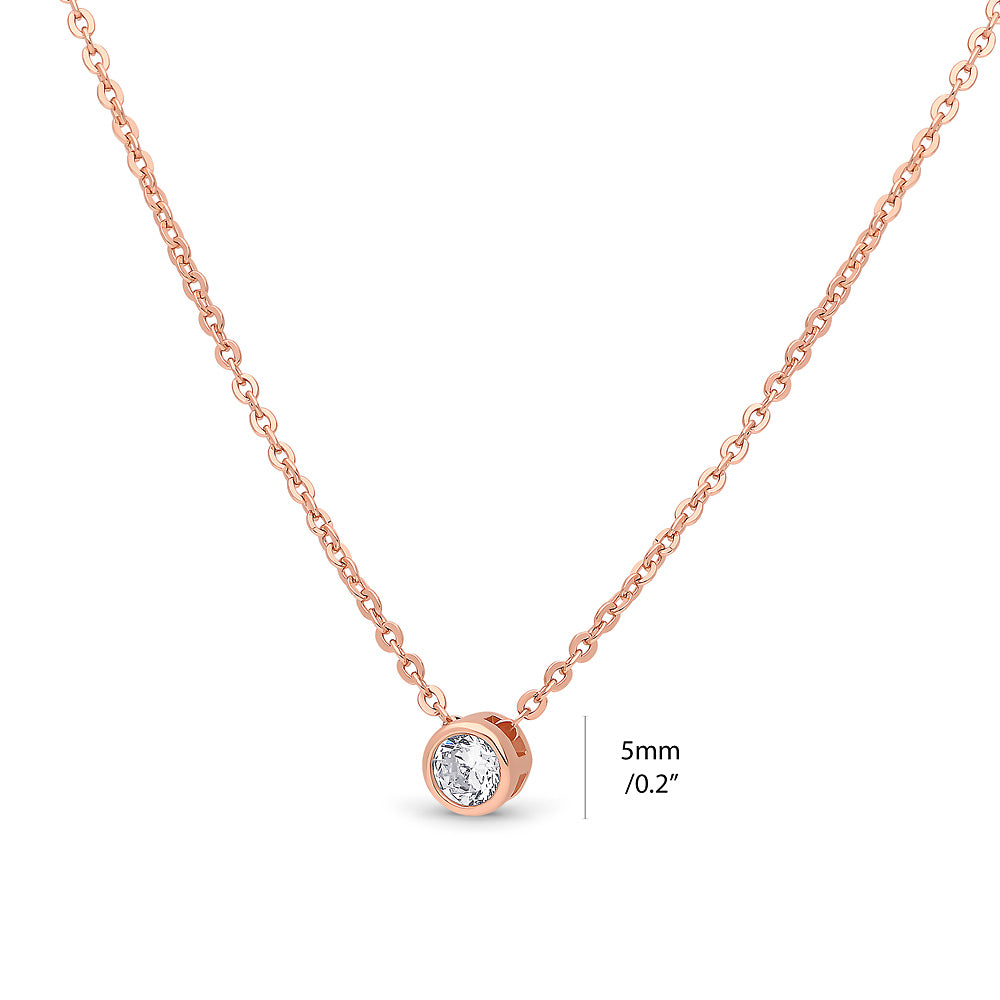 Front view of Solitaire Bezel CZ Necklace in Sterling Silver, Rose Gold Flashed