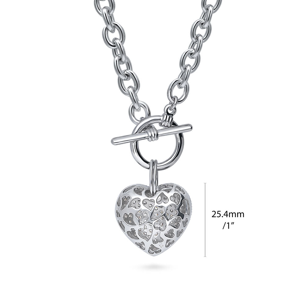 Side view of Heart CZ Toggle Necklace, Silver-Tone / 18 Inch