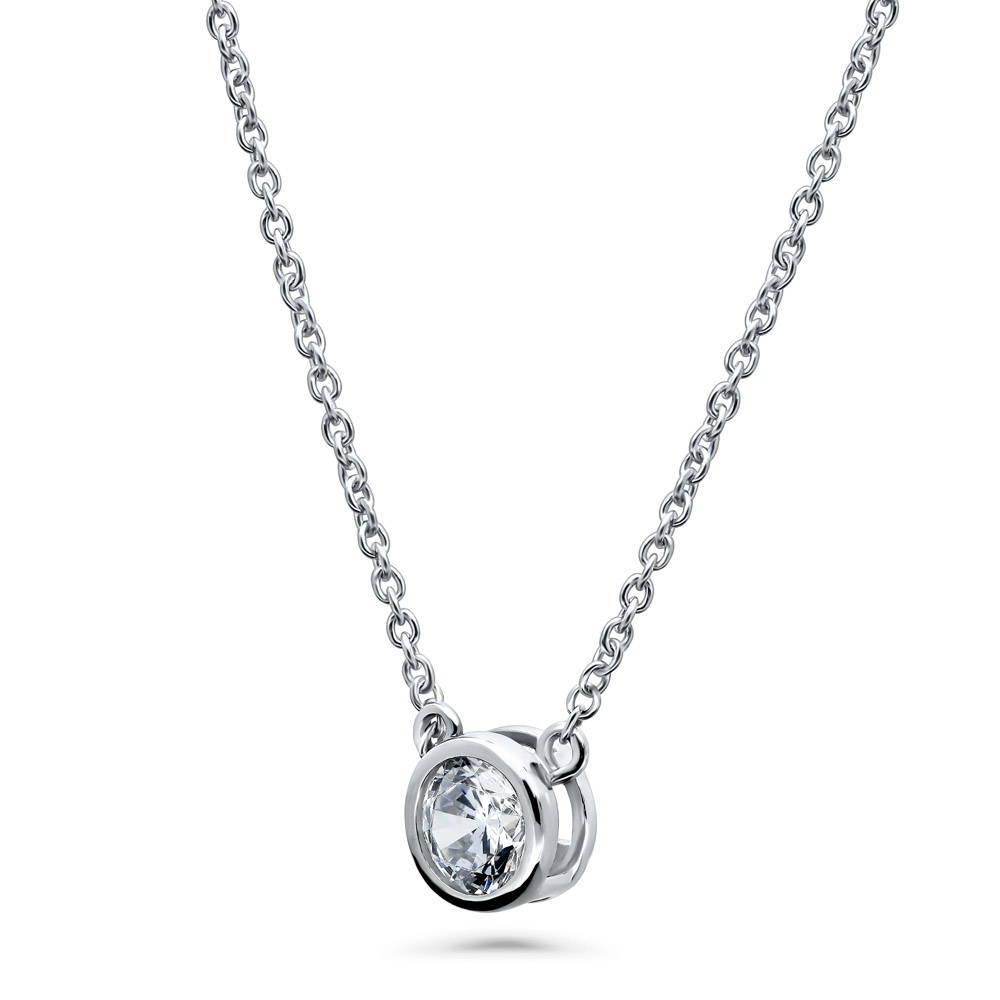 Solitaire Station Bezel CZ Necklace Set in Sterling Silver