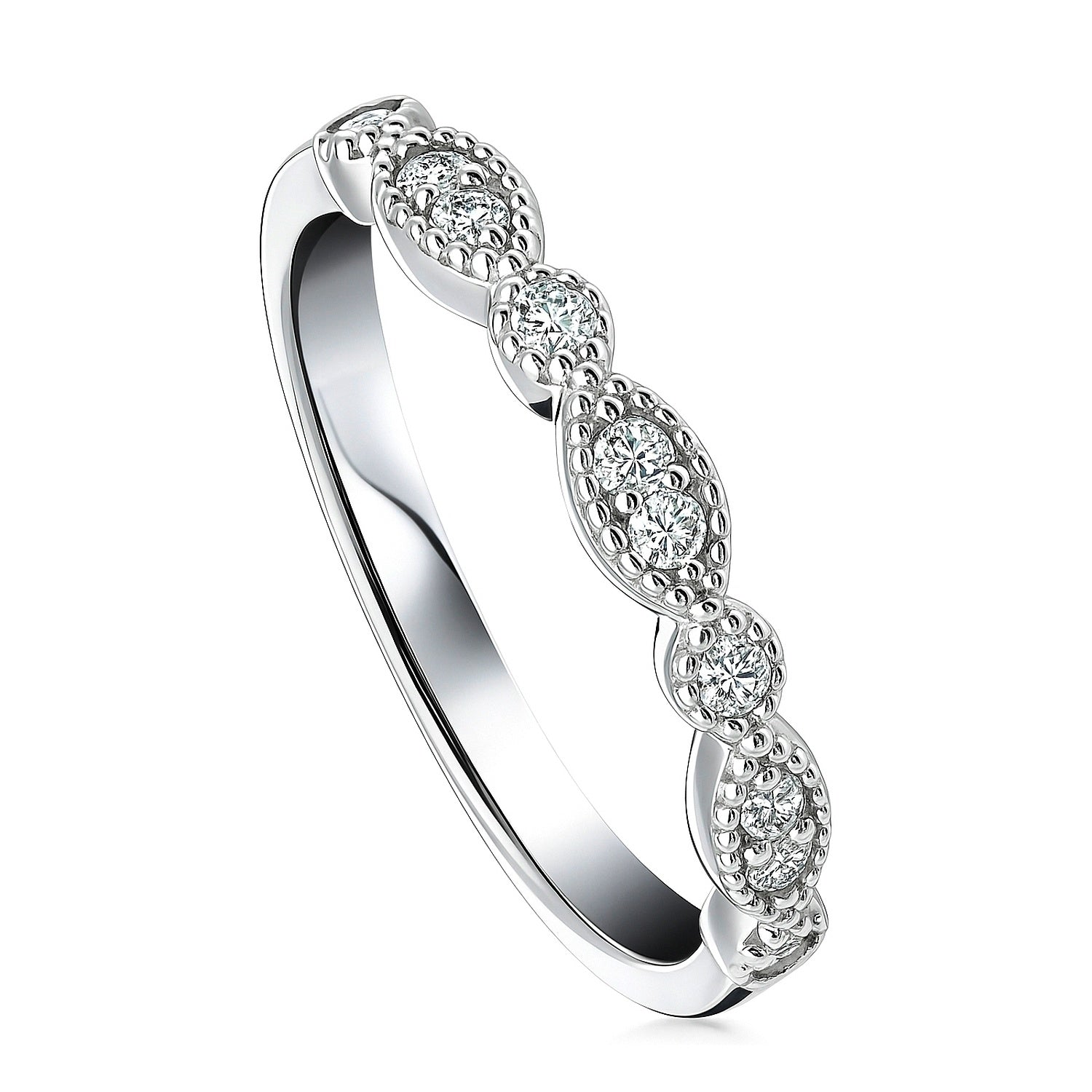 Milgrain Art Deco Crown Set CZ Eternity Ring in Sterling Silver