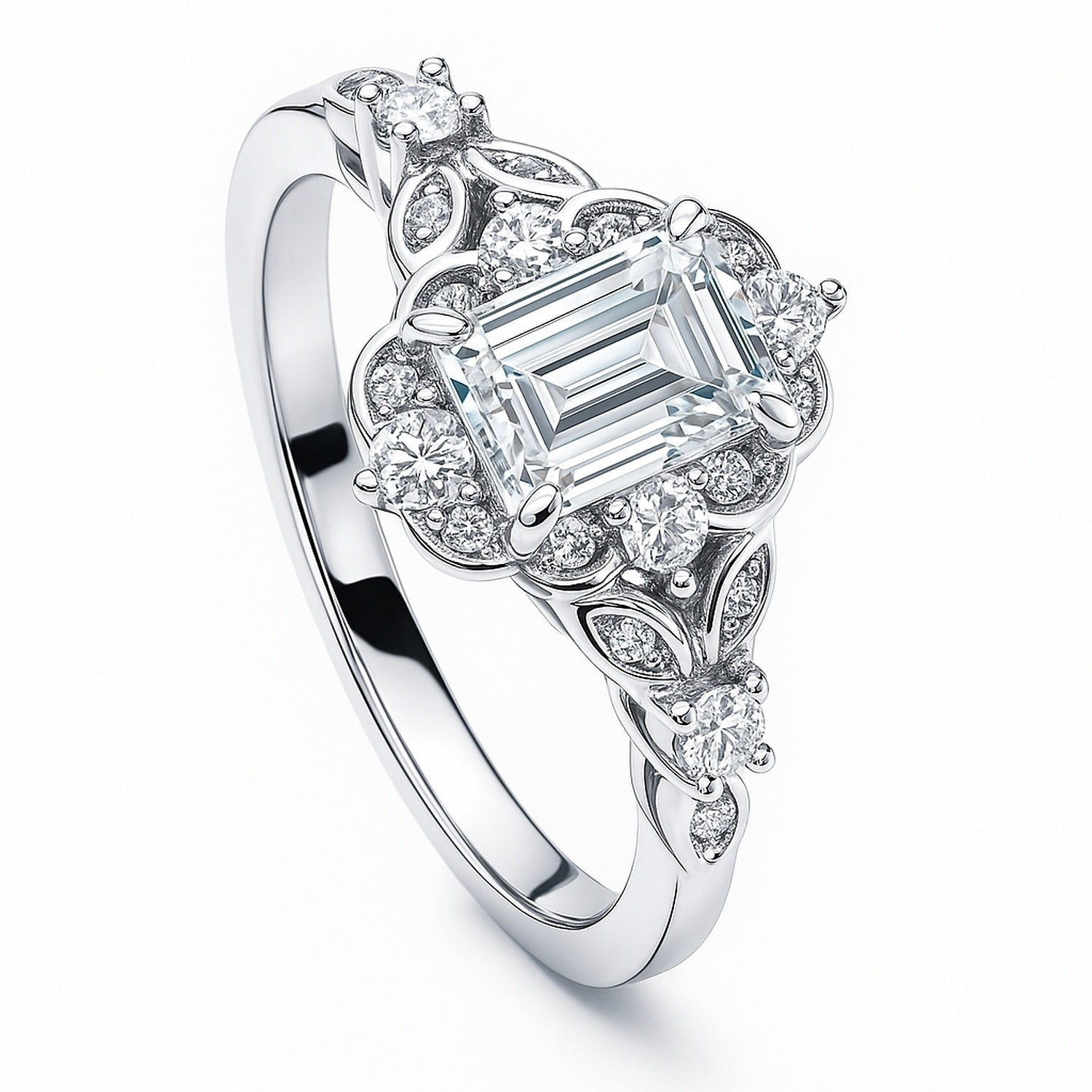 Halo Art Deco Emerald Cut CZ Ring in Sterling Silver