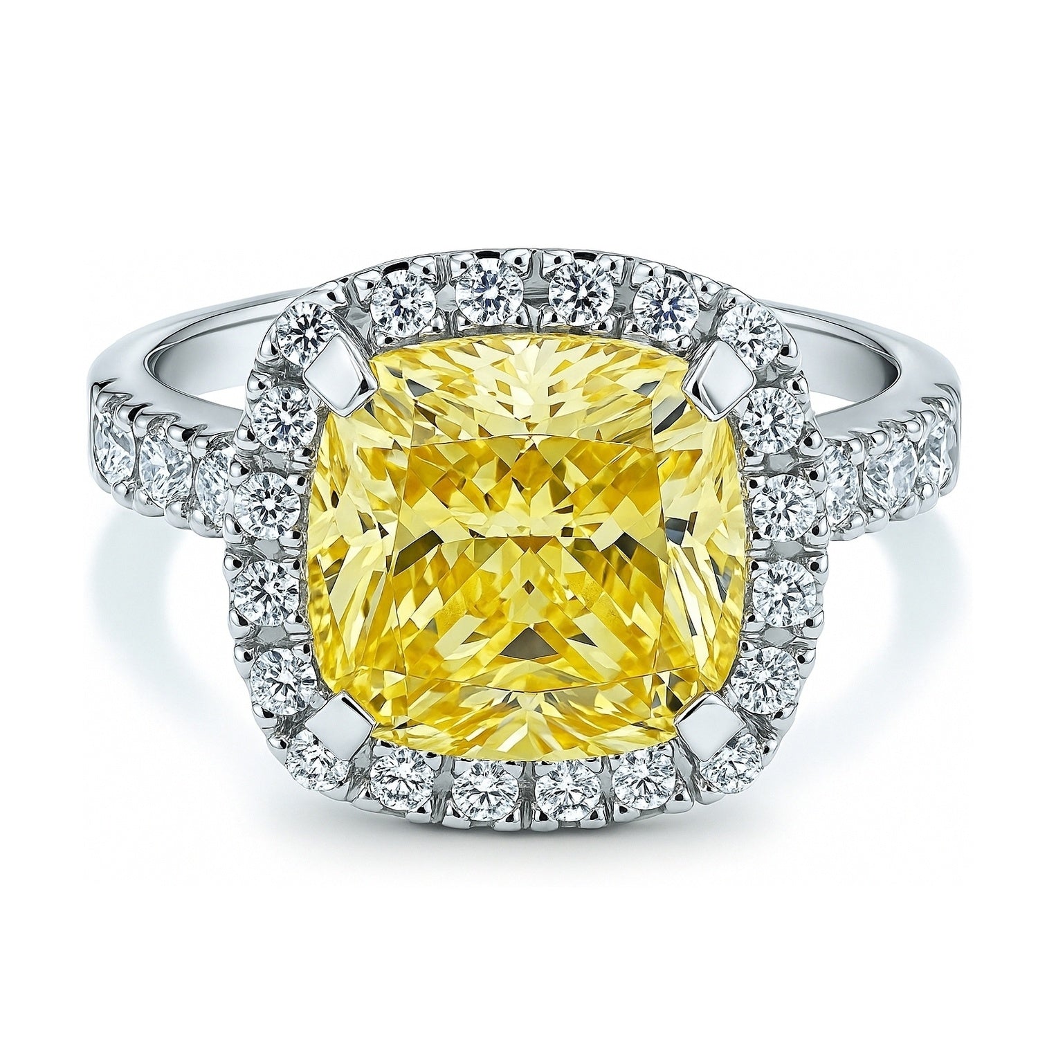 Halo Canary Yellow Cushion CZ Ring in Sterling Silver
