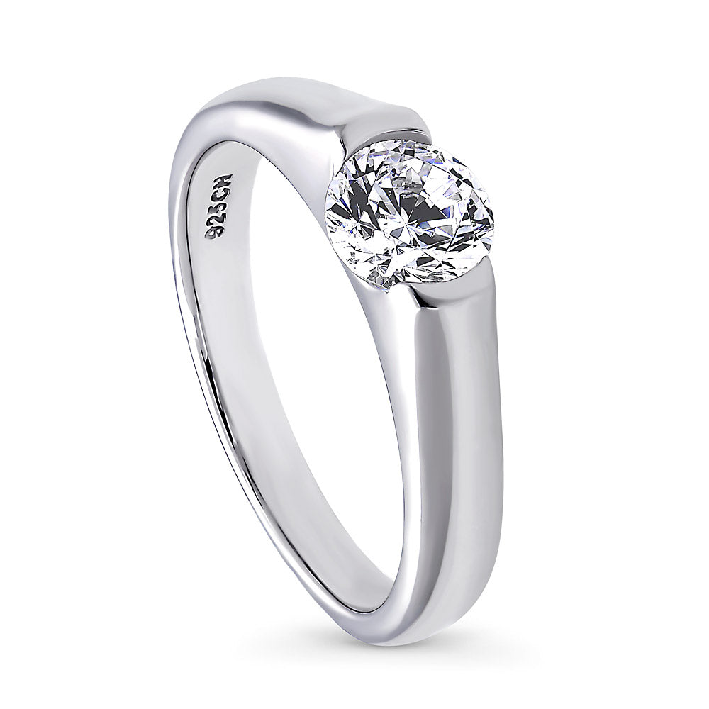 Solitaire 0.8ct Half Bezel Set Round CZ Ring in Sterling Silver