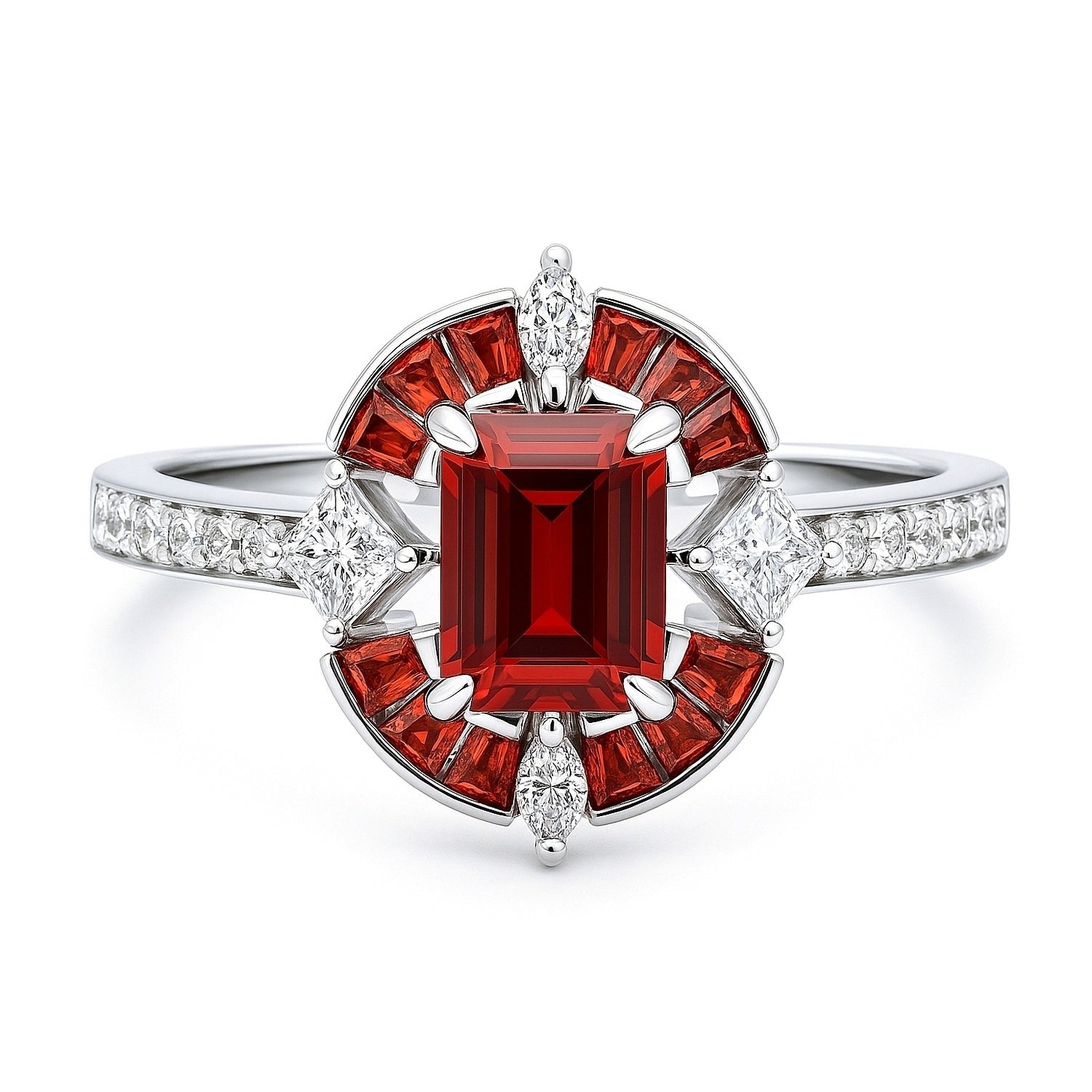 Halo Art Deco Garnet-Red Emerald Cut CZ Ring in Sterling Silver