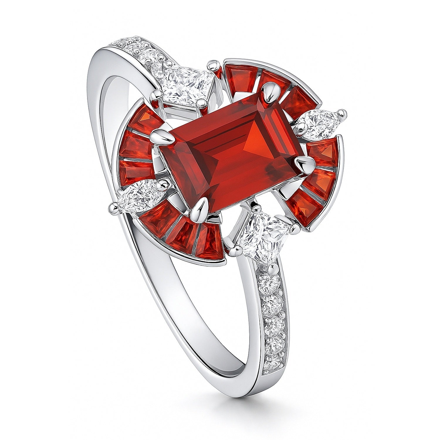 Halo Art Deco Garnet-Red Emerald Cut CZ Ring in Sterling Silver