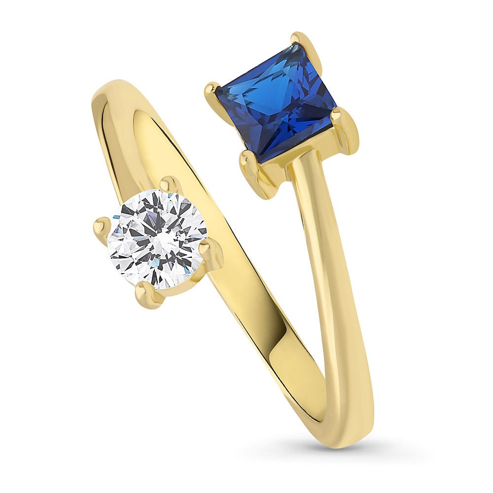 Bypass Blue CZ Ring in Gold Flashed Sterling Silver