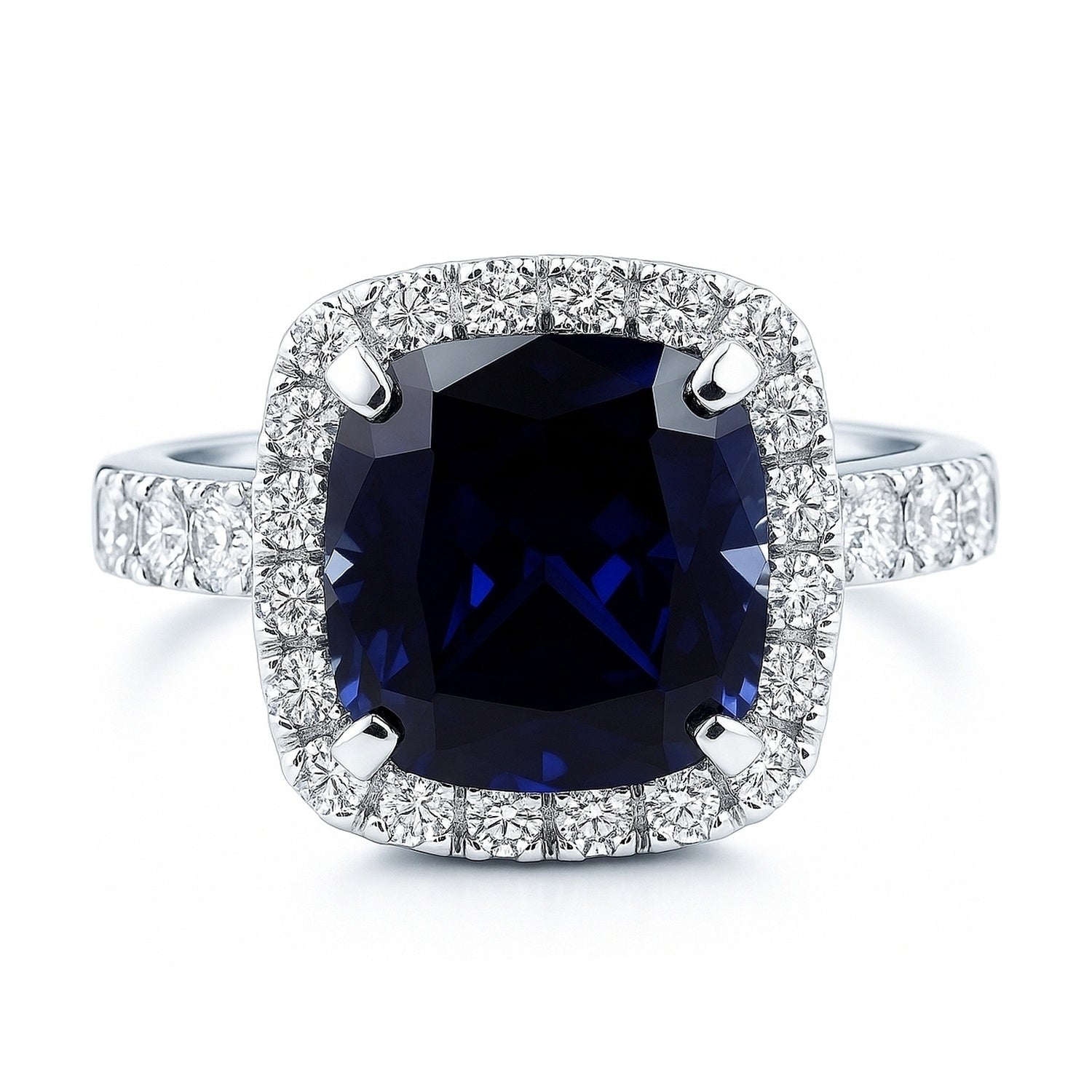 Halo Sapphire-Blue Cushion CZ Ring in Sterling Silver