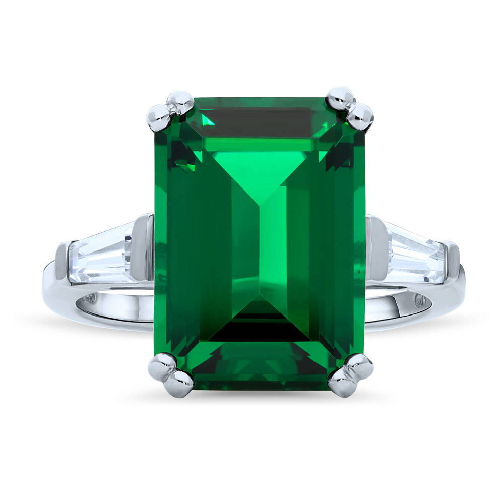 Solitaire Emerald-Green Emerald Cut CZ Ring in Sterling Silver