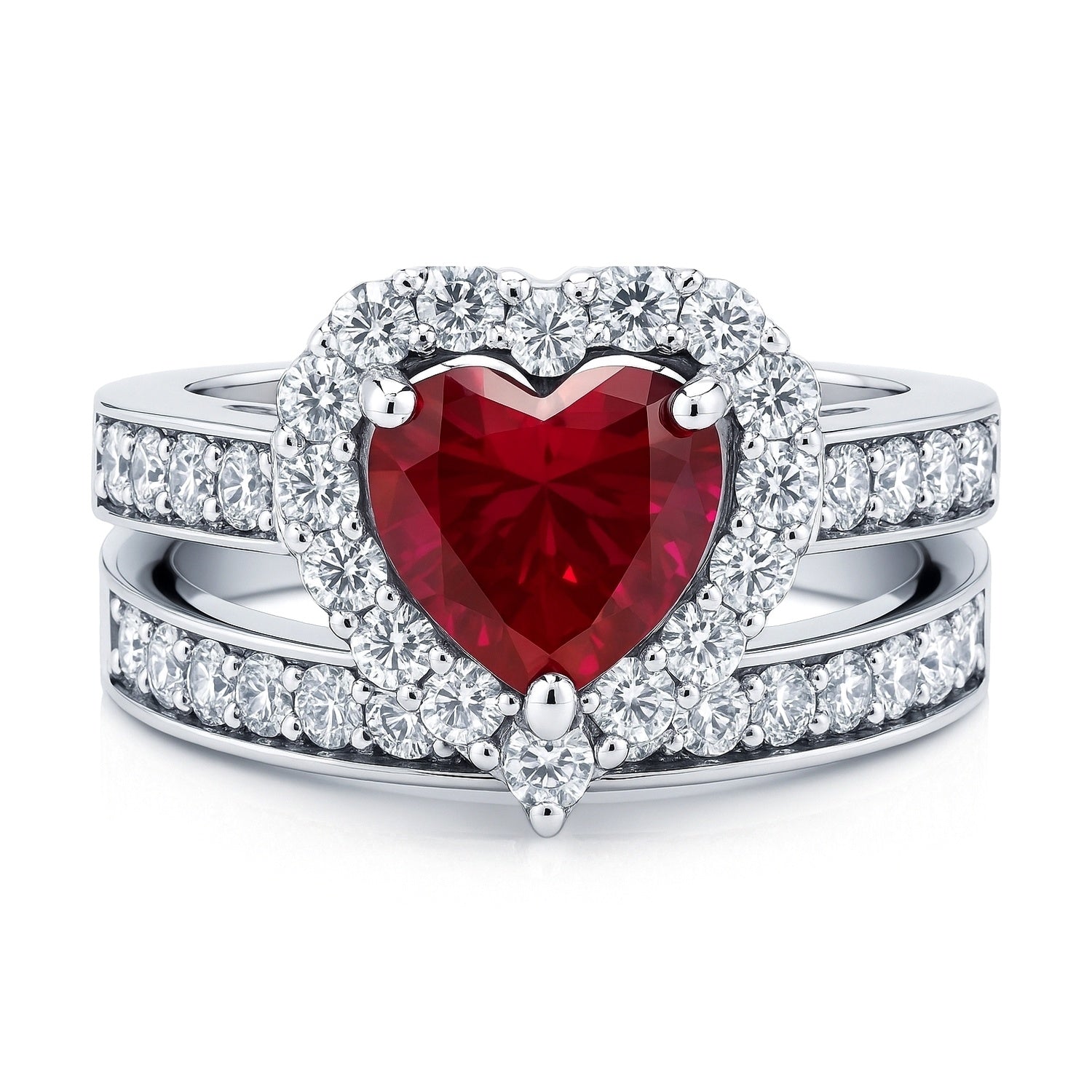 Halo Heart Ruby-Red Heart CZ Ring Set in Sterling Silver