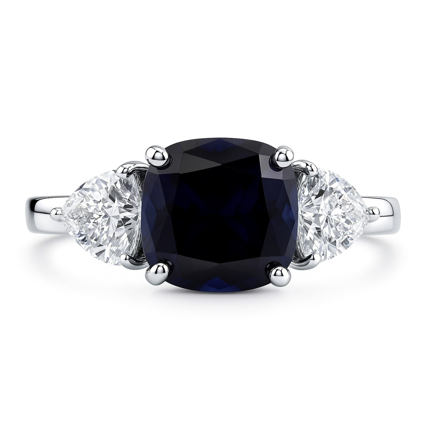 3-Stone 3ct Sapphire-Blue Cushion CZ Ring in Sterling Silver