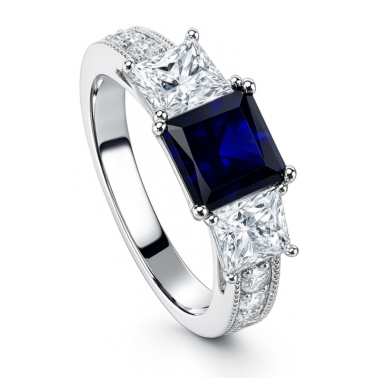 3-Stone 1.6ct Sapphire-Blue Princess CZ Ring in Sterling Silver