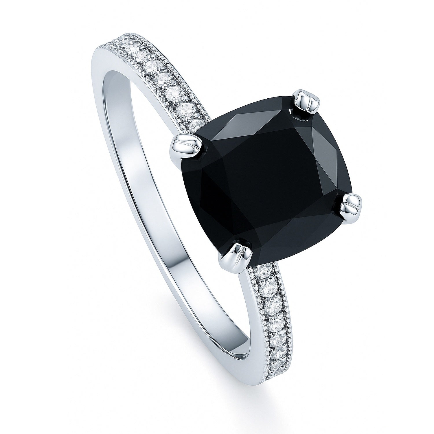 Solitaire 3ct Black Cushion CZ Ring in Sterling Silver