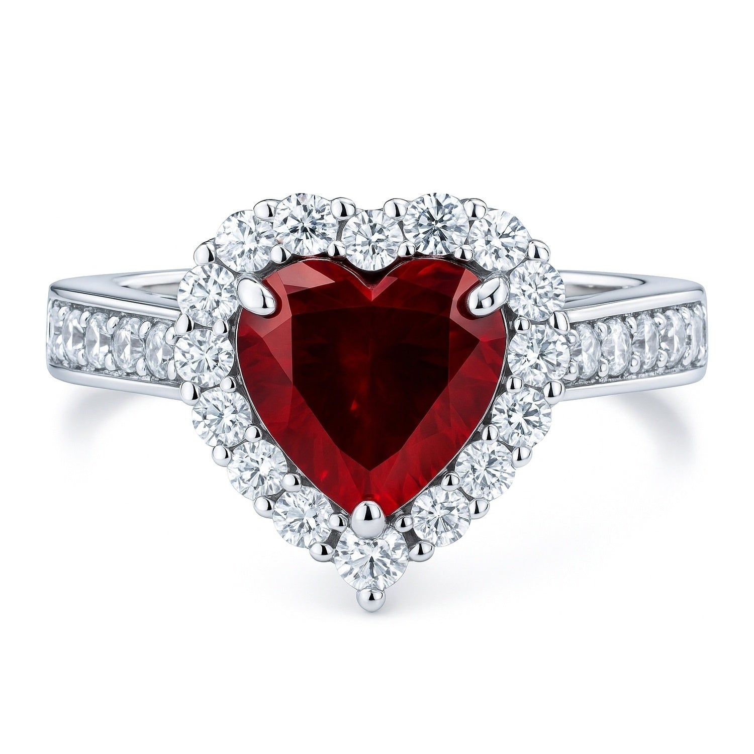Halo Heart Ruby-Red Heart CZ Ring in Sterling Silver