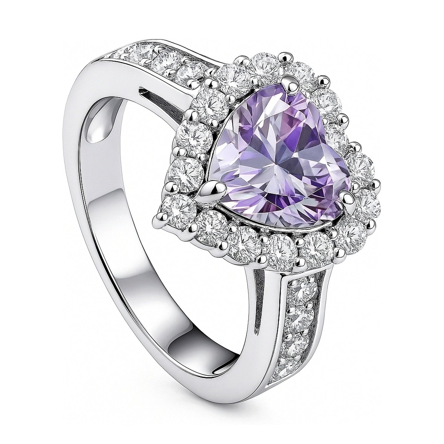 Halo Heart Purple Heart CZ Ring in Sterling Silver
