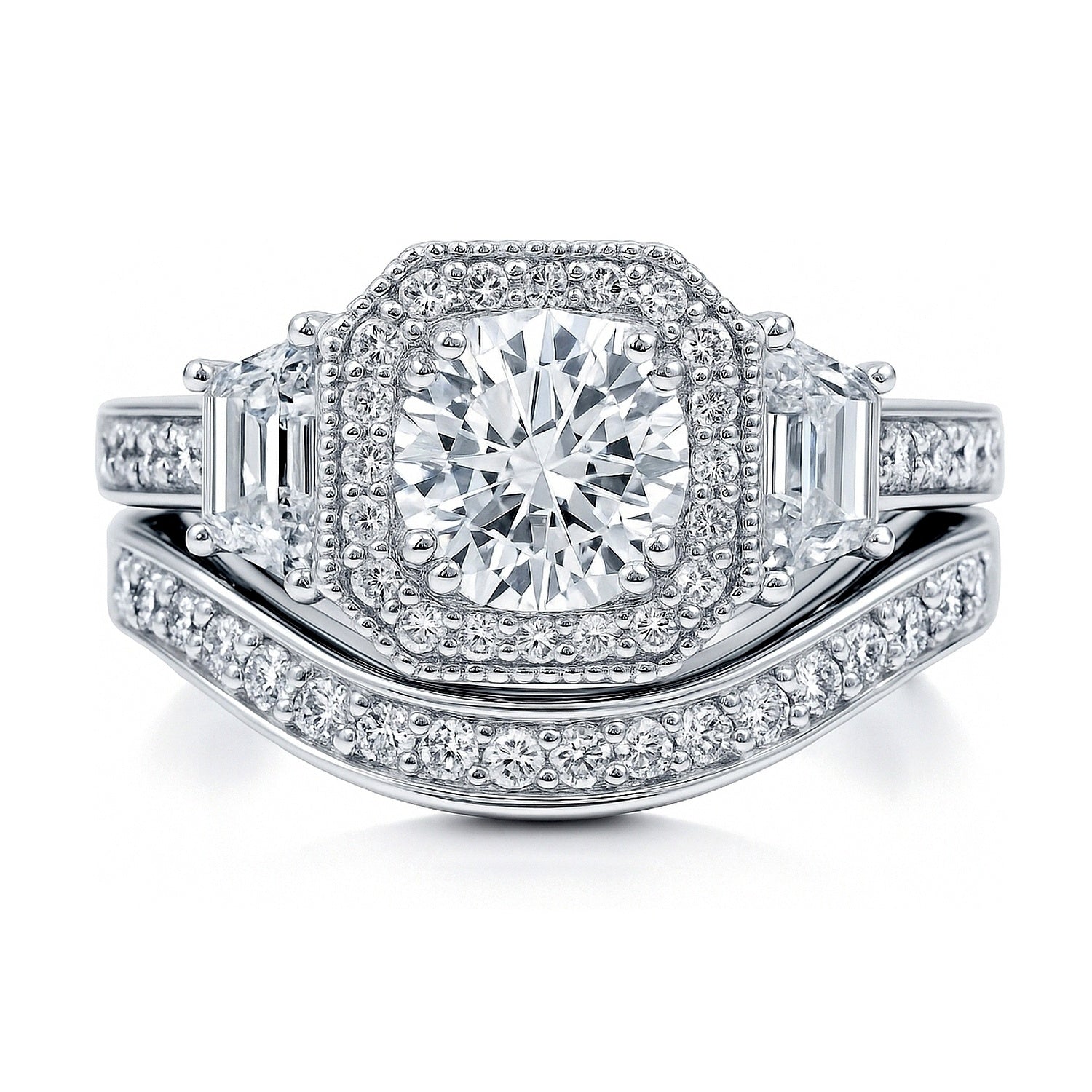Halo Art Deco CZ Ring Set in Sterling Silver