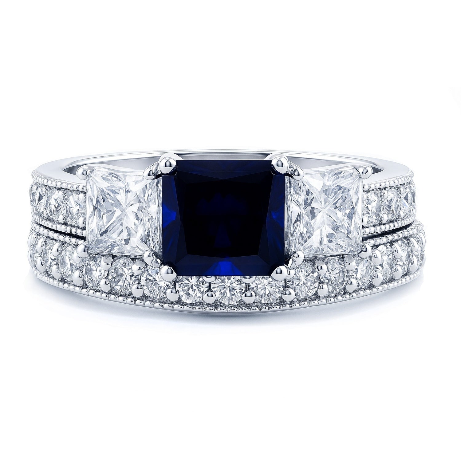 3-Stone Sapphire-Blue Princess CZ Ring Set in Sterling Silver