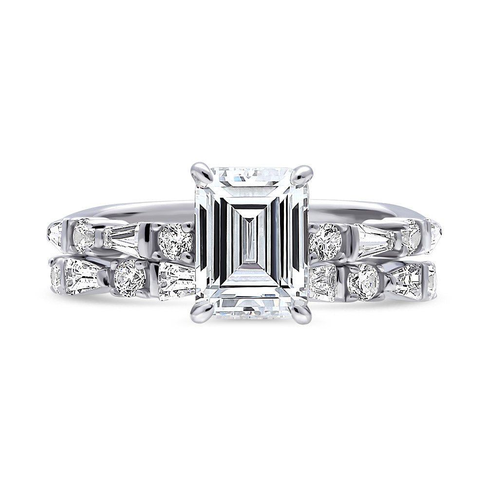 Solitaire Art Deco Emerald Cut CZ Ring Set in Sterling Silver